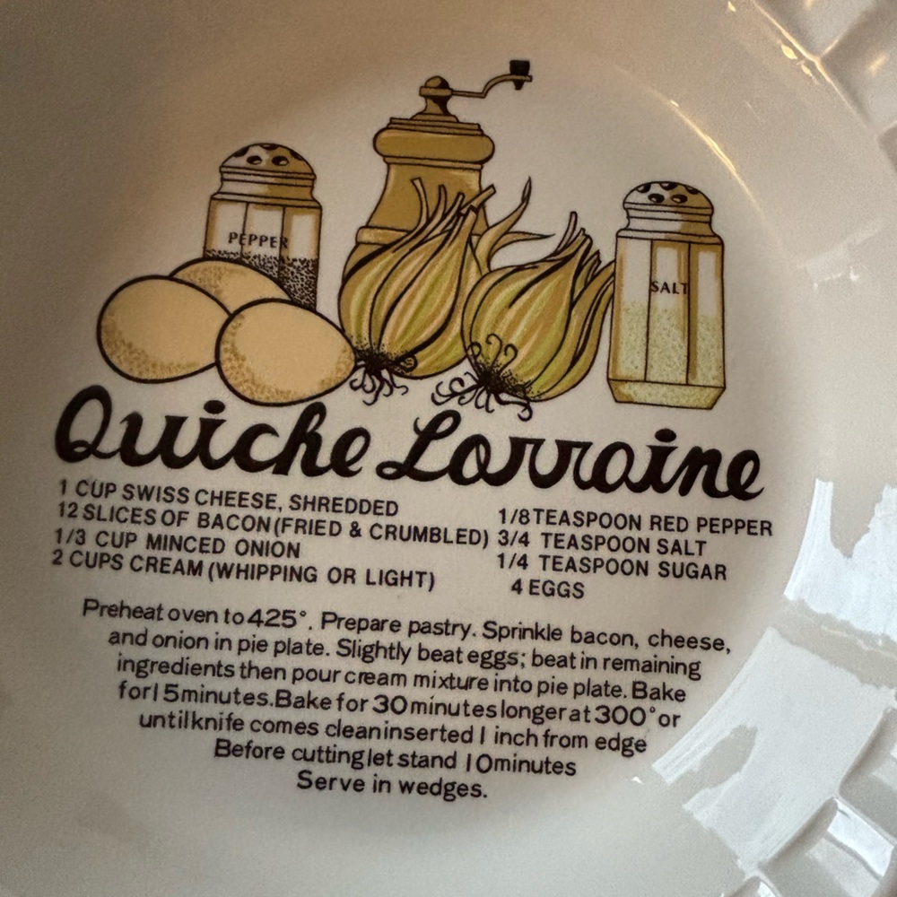 VTG Quiche Lorraine Recipe Ceramic Fluted Pie Plate Cream Brown Trim Farmhouse - Picture 2 of 6